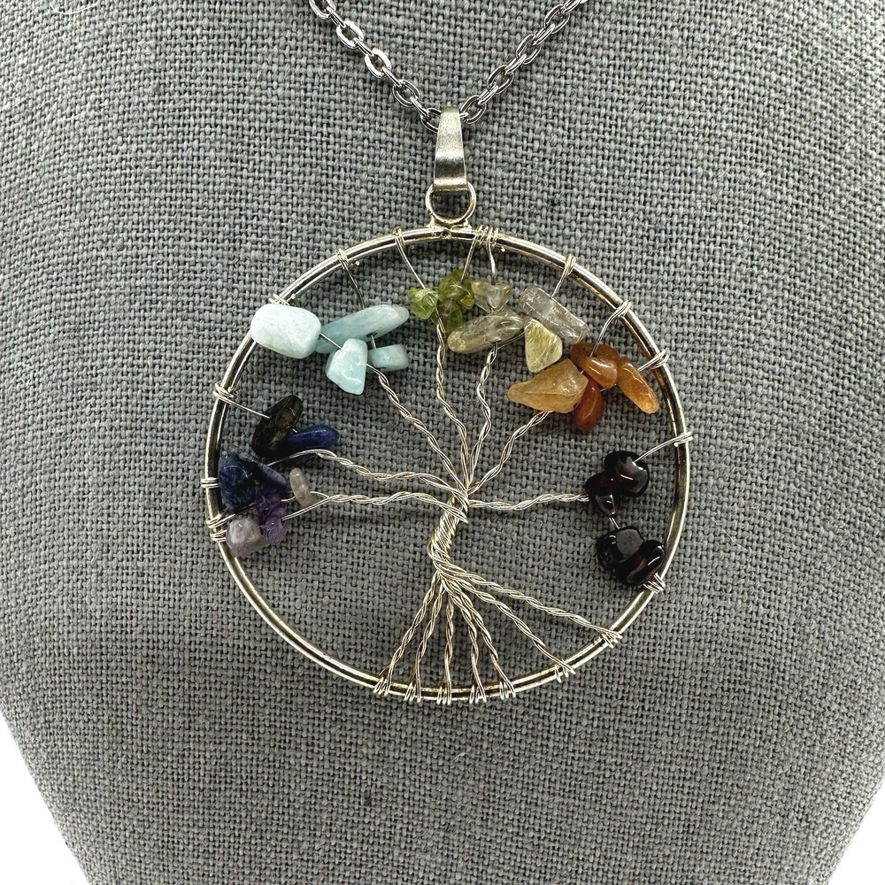 Tree Of Life Necklace w/ Silver Tone Chain Colorful Crystals Fashion Jewelry‎